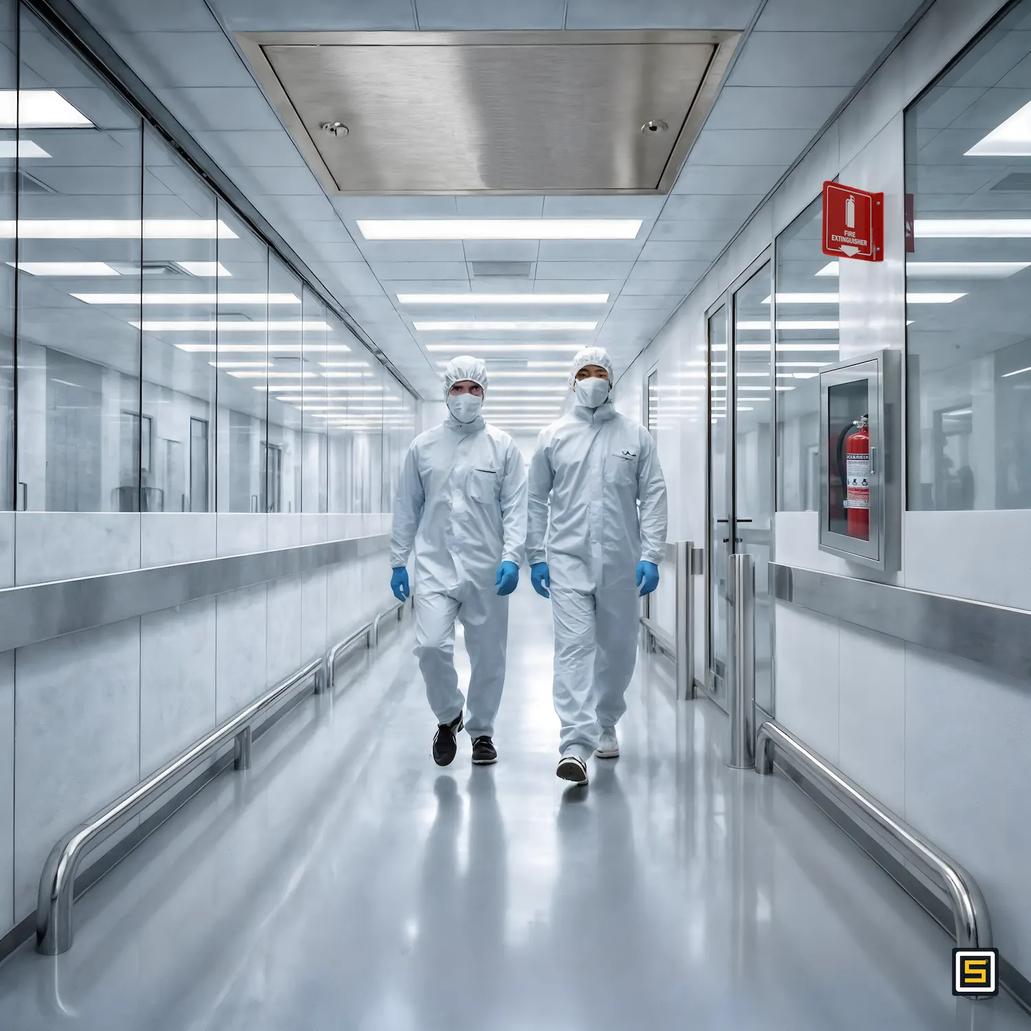 Pharmaceutical clean room corridor showing Strongback Industries fabricated stainless components